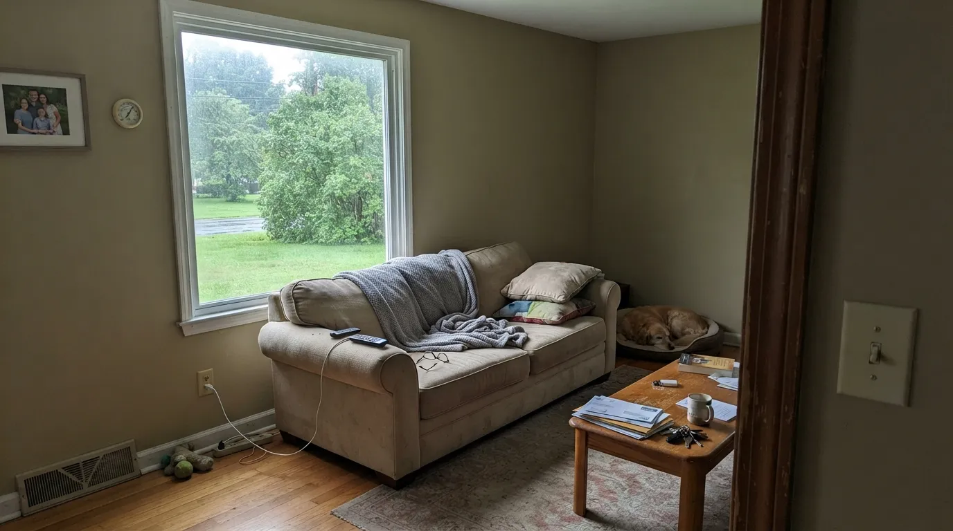 The honest shot: cool north light plus a green yard outside is exactly when Manchester Tan turns olive — the complaint you see over and over.