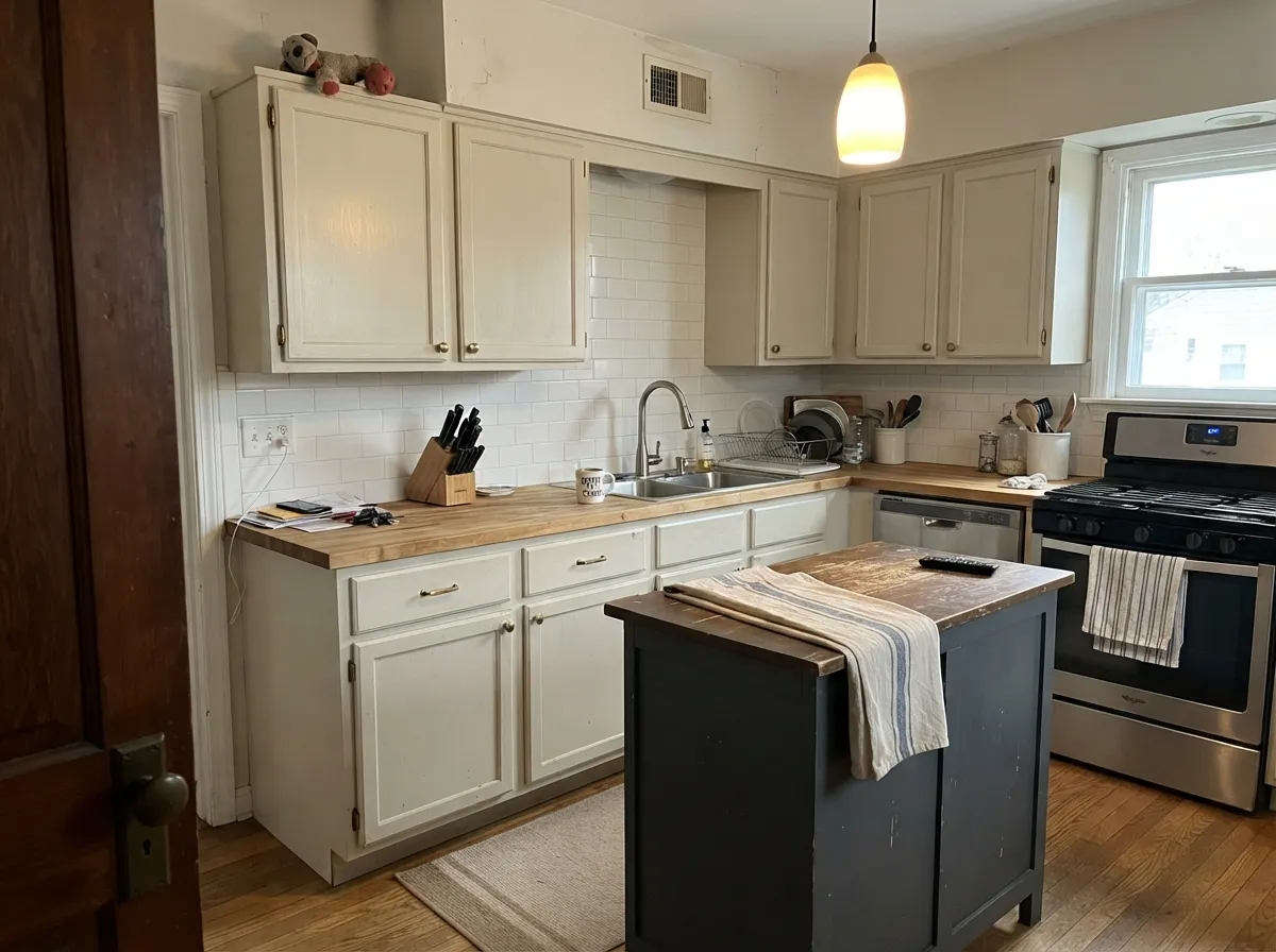 Cabinets and island, the pairing built for the name — warm cream against a soft blue-gray, brass pulls doing the rest.