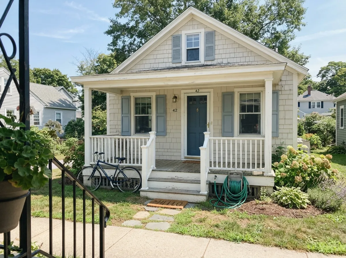 Full sun on the siding, the one place the name pays off — warm and clean next to soft blue-gray shutters.