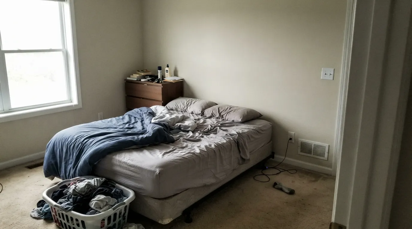 The honest shot: a dim north room on an overcast day. The warmth drains out and the grey base takes over — this is the light where Maritime White disappoints, same as every off-white in its depth class.