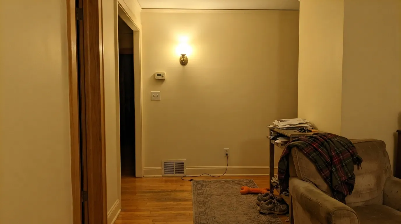 The honest shot: the exact situation from the real Houzz thread — trim, ceiling, and walls all in Mayonnaise reads as a yellow house, not a warm one.