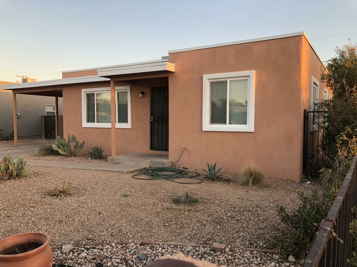 Full sun on a Southwestern facade — Mesa Peach reads like sun-baked clay, one of the few Benjamin Moore colors genuinely built for this look.