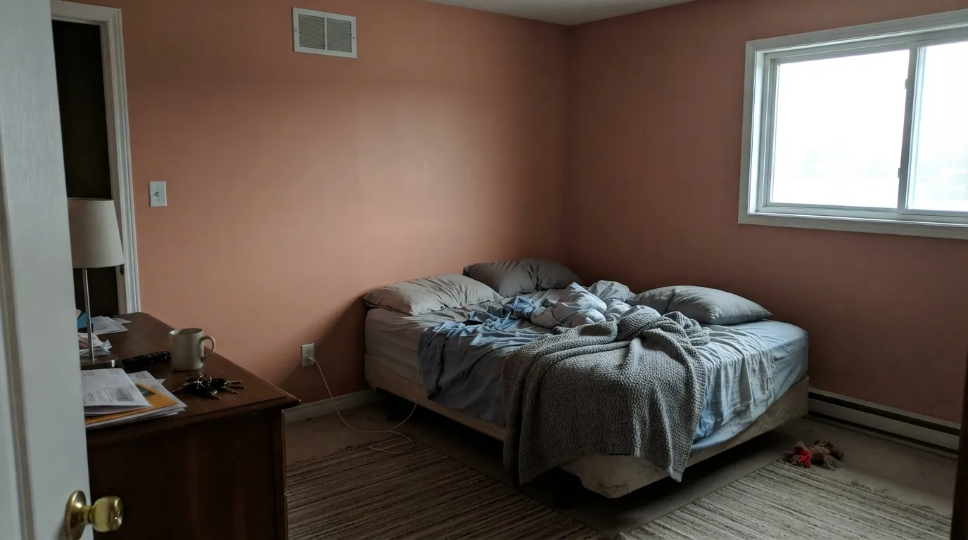 The honest shot: cool north light and no warm lamps drain the terracotta out, leaving a dull, muddy salmon — the exact situation behind the 'looks pink, not peach' complaints.