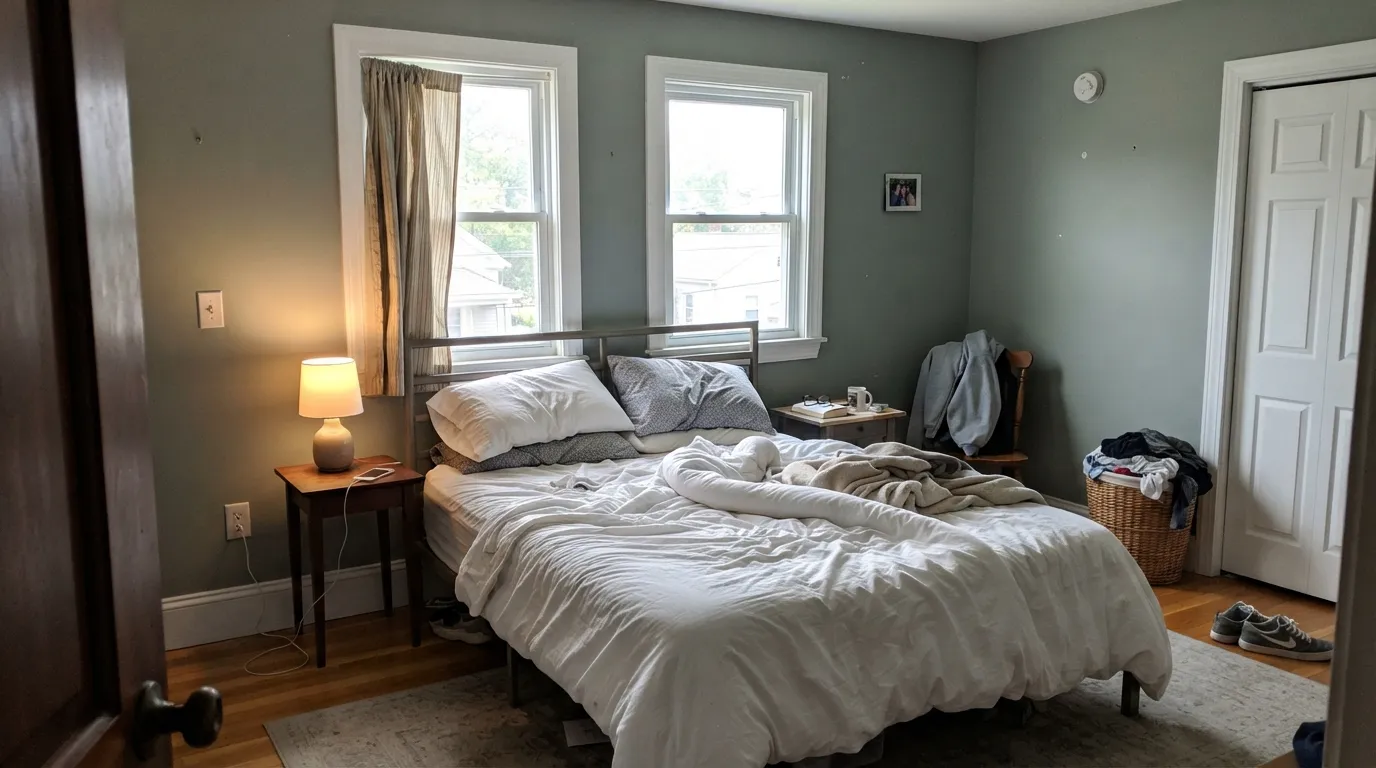 Metropolitan in a bedroom with real daylight — a mid-tone gray that stays gray, with crisp Chantilly Lace trim doing the contrast.