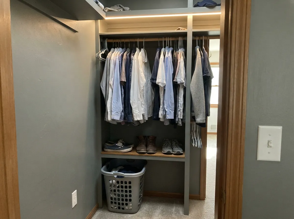 The closet trick: mid gray on walls and built-ins makes the clothes read as the color, and the depth hides scuffs along the baseboard.