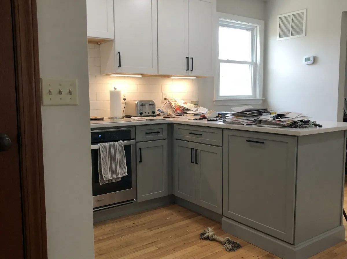 On lower cabinets it does not fight the quartz and takes black hardware cleanly — one of the color's strongest uses.