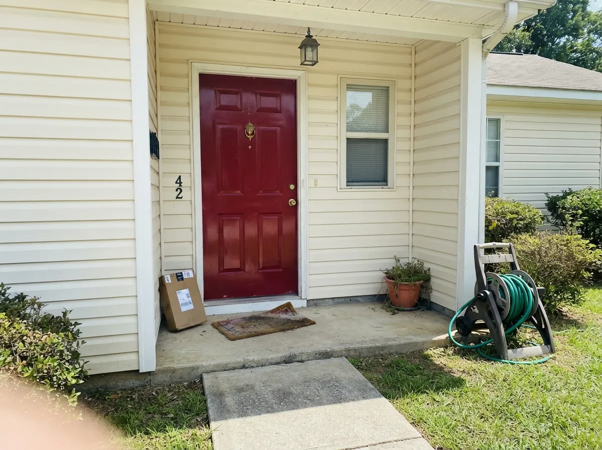On a pale house the red door is the low-risk version of this color — semi-gloss keeps it crisp in full sun.