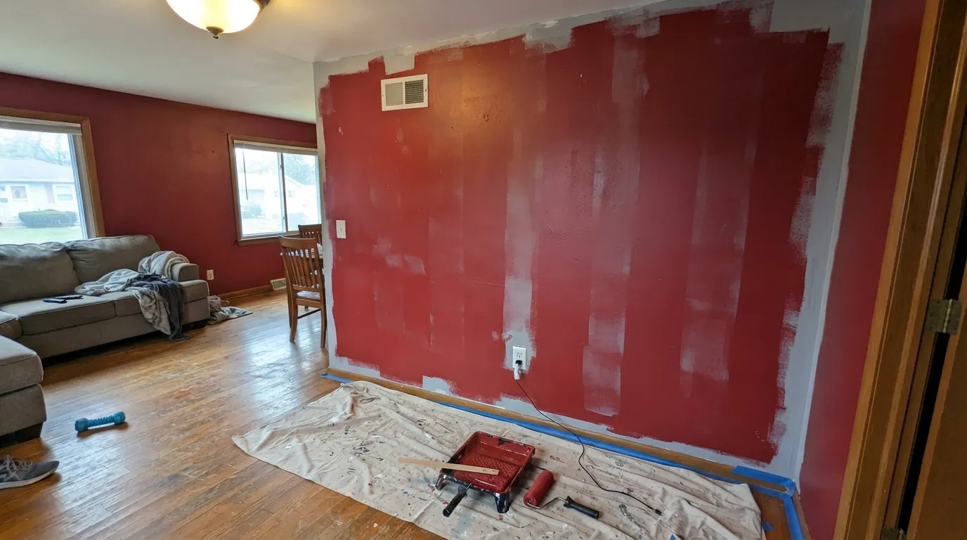 The honest shot: two coats is not enough. Red pigment hides poorly, and every lap mark and thin spot stays visible after it dries.