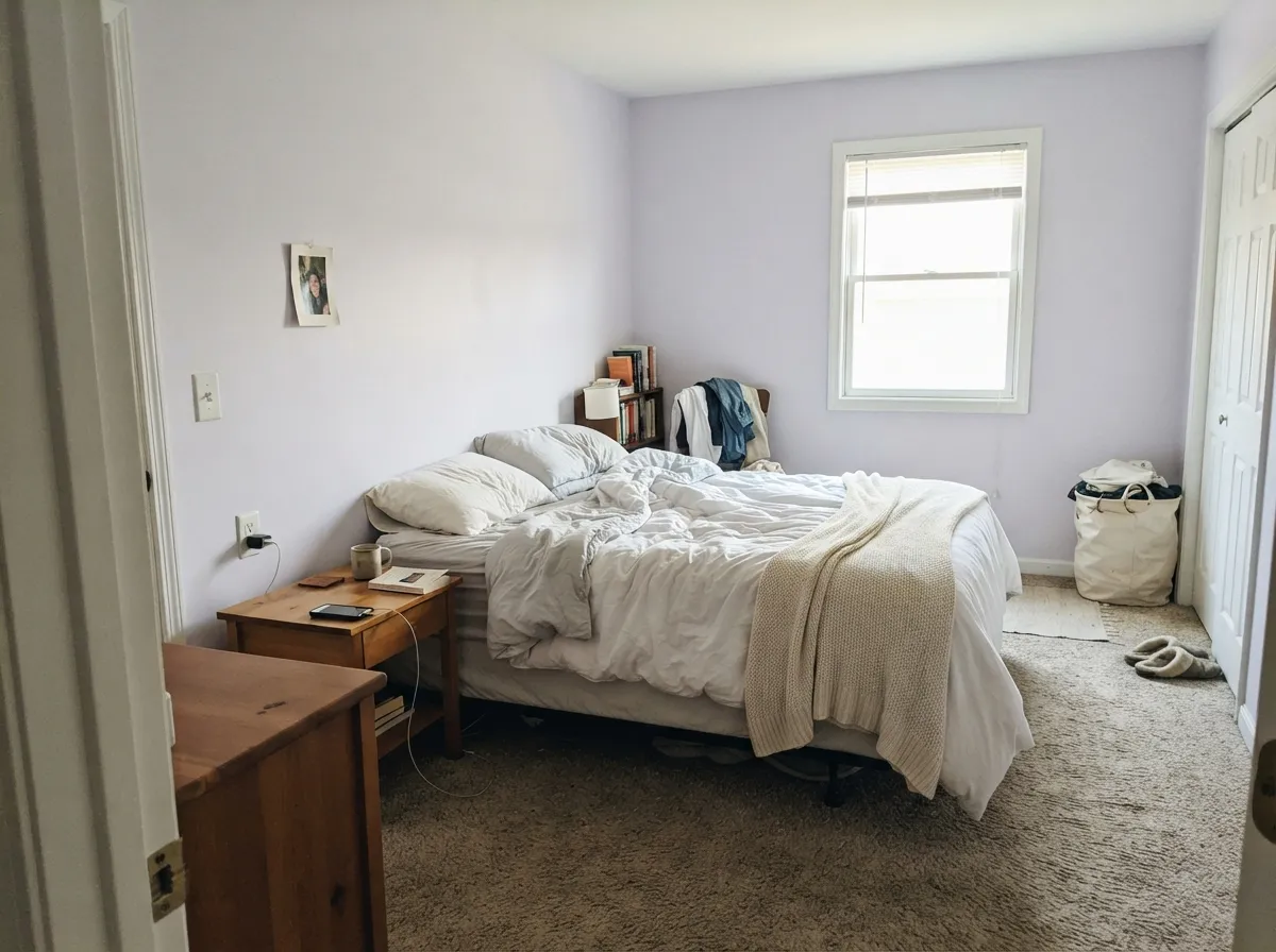 In a morning-lit bedroom the lilac stays soft and slightly rosy — calm, not themed.