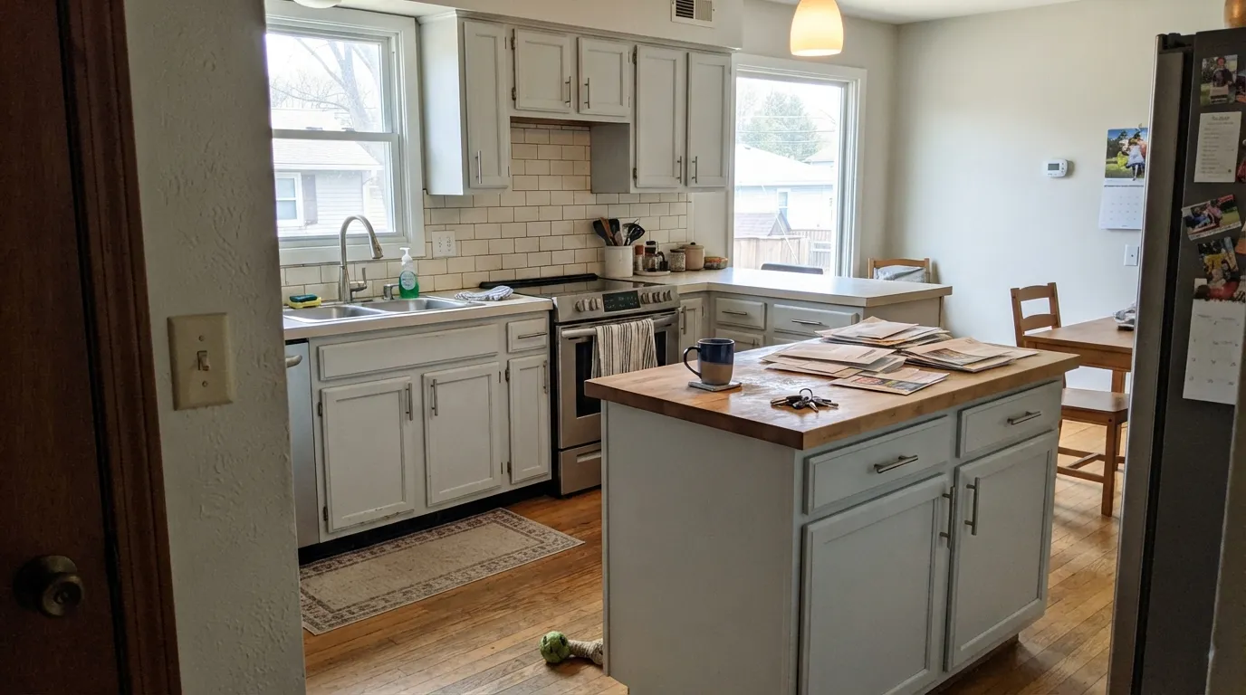 Moonshine cabinets with nickel hardware in honest daylight — the read most people expect: a clean, quiet silvery gray.