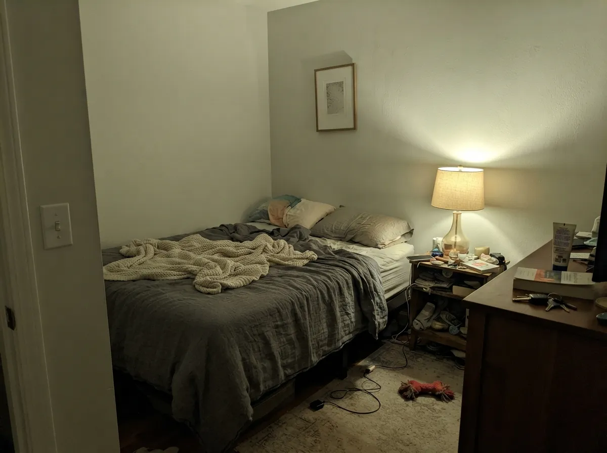 Under a warm 2700K lamp the green side wakes up — a softer, cozier read than the daytime kitchen shot.