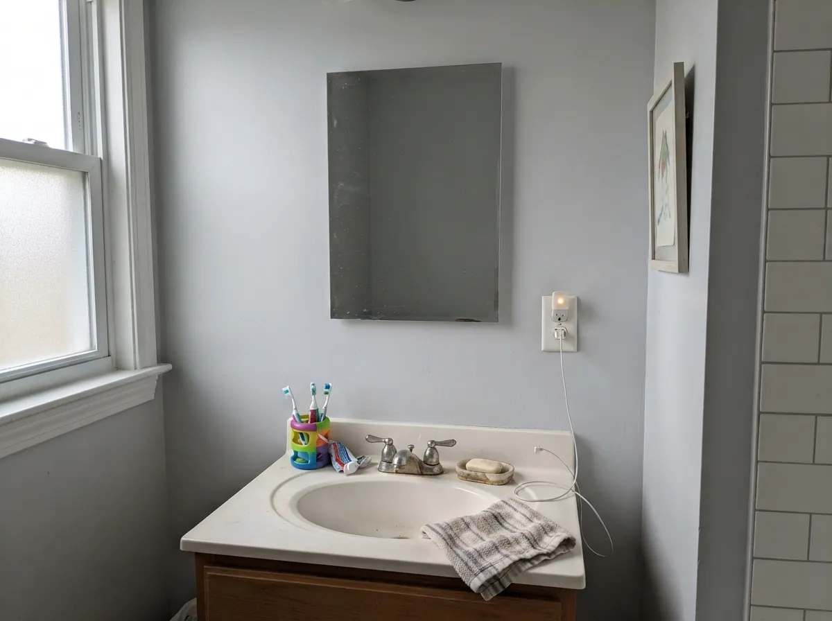 Next to chrome and cool tile it stays quietly gray — its best-behaved pairing.