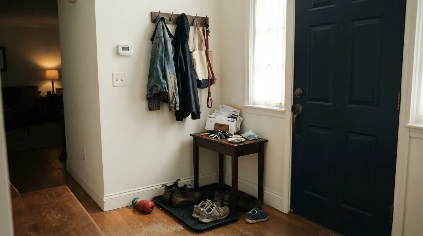 The room it is built for: a nearly windowless entry where Mountain Peak White stays bright and warm instead of going gloomy.