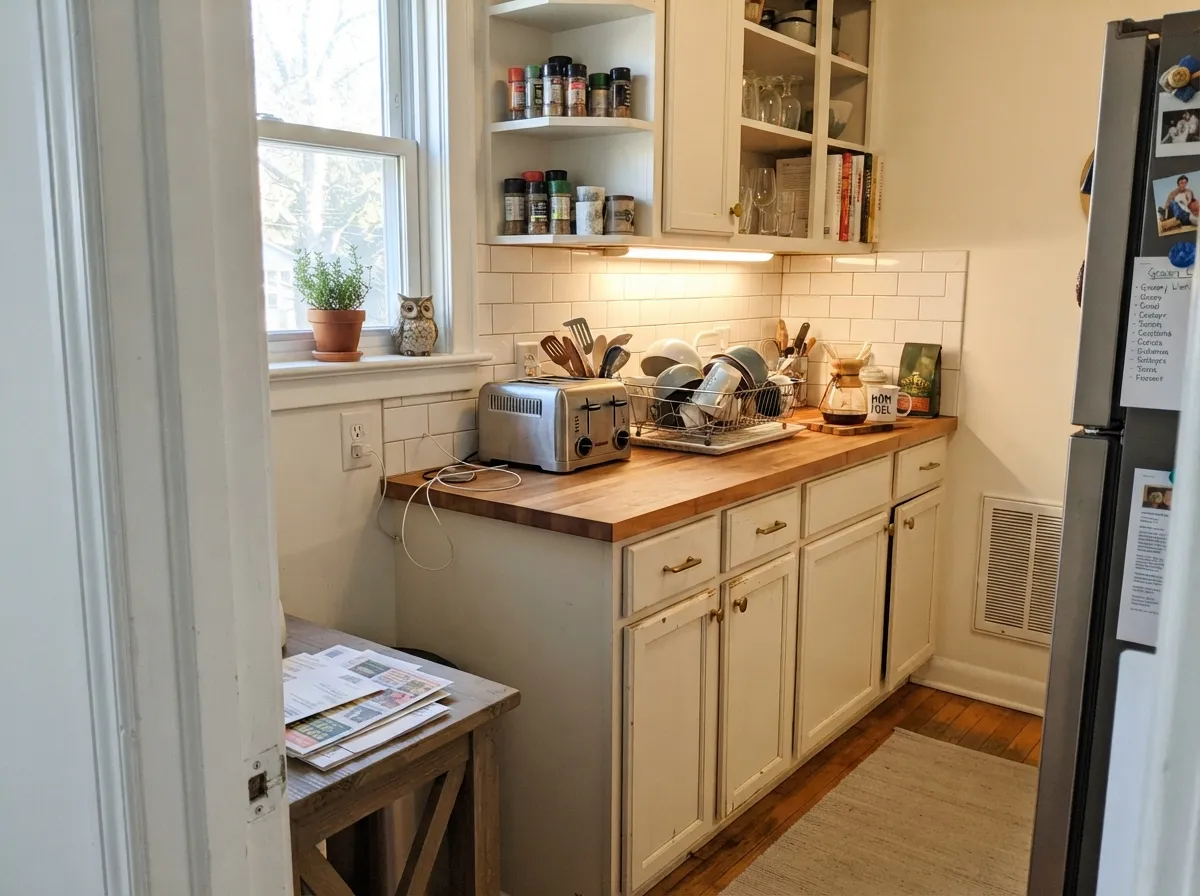 On cabinets it reads as a real white kitchen while still flattering brass and butcher block — no blue edge against the subway tile.