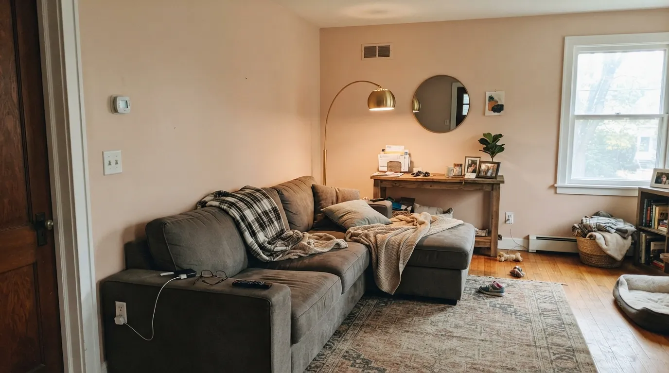 Muslin in diffuse daylight — it settles into a soft, warm beige with the pink kept quiet.