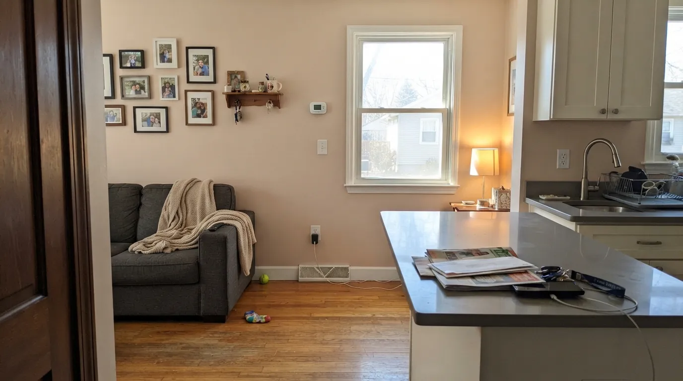 The honest shot: full south sun pushes the pink forward hard enough that guests call it pink on sight — the complaint behind nearly every "is Muslin actually beige?" thread.