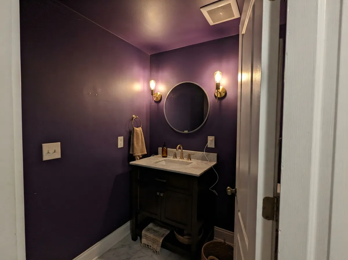 The one-gallon version: a windowless powder room drenched to the ceiling, where there is no daylight to turn the violet stony.