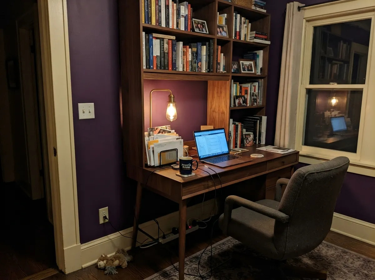 Books and walnut break the purple into a background — with one lamp on, this is the color at its most expensive-looking.