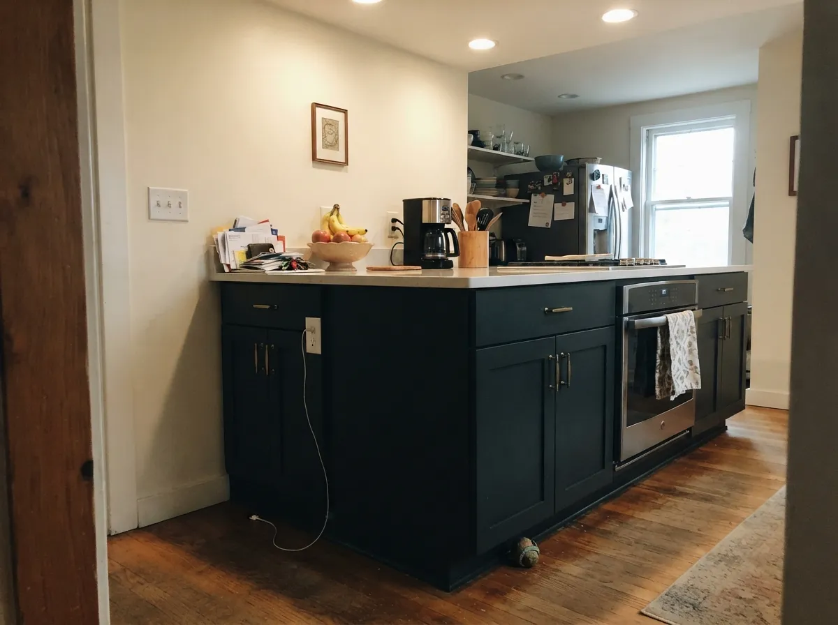 Under real kitchen lighting the green comes through — brass hardware and a lighter wall keep it from reading as plain black.