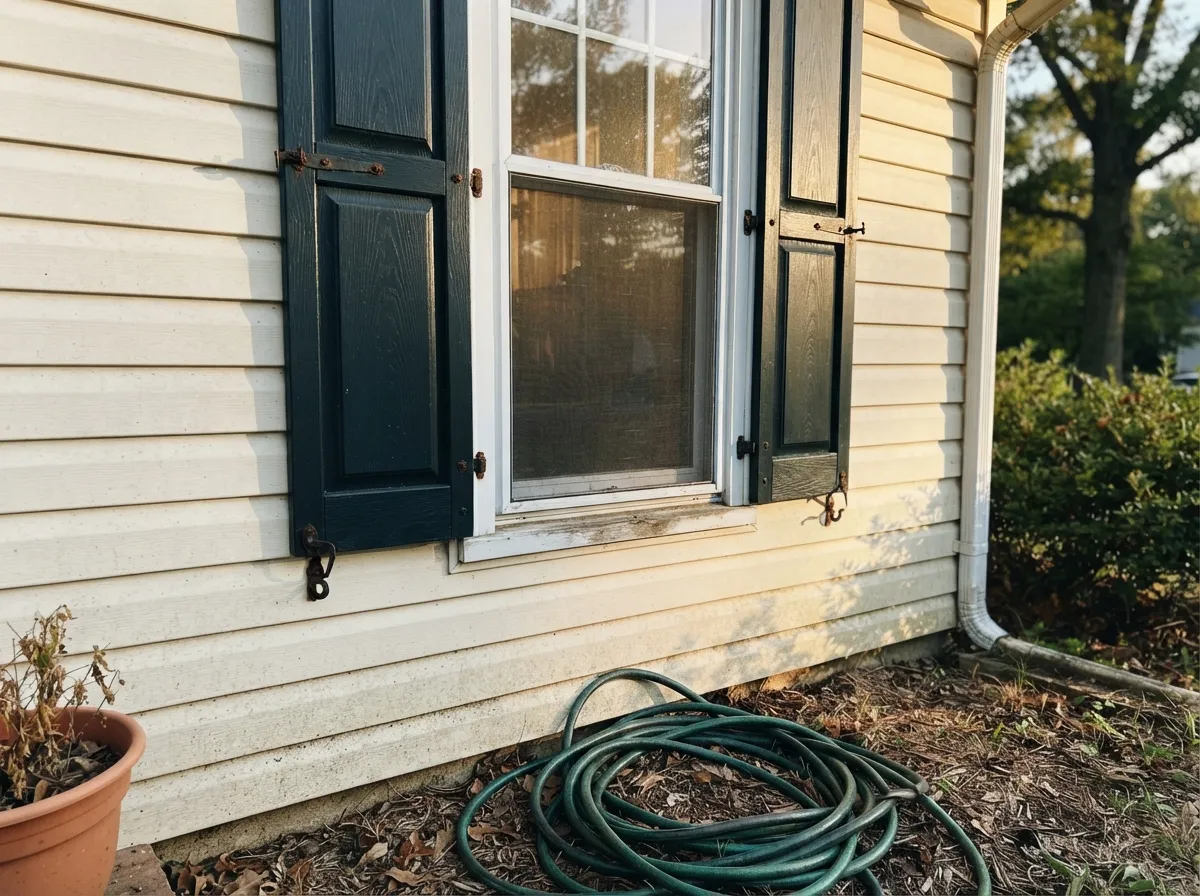Shutters catching late-afternoon side light — just enough to show a hint of green against the siding.