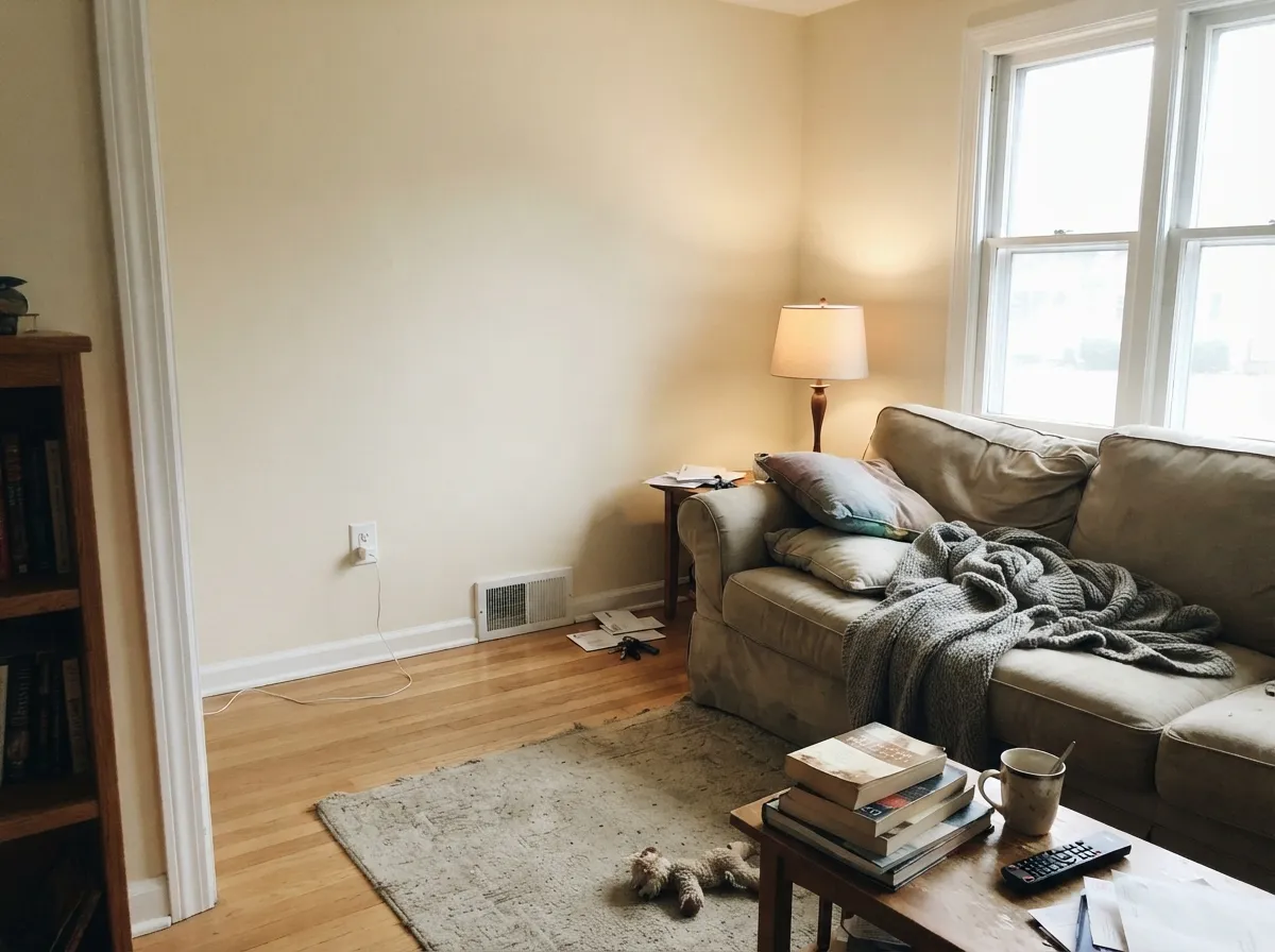Natural Cream on living room walls in soft east-facing morning light with white trim.
