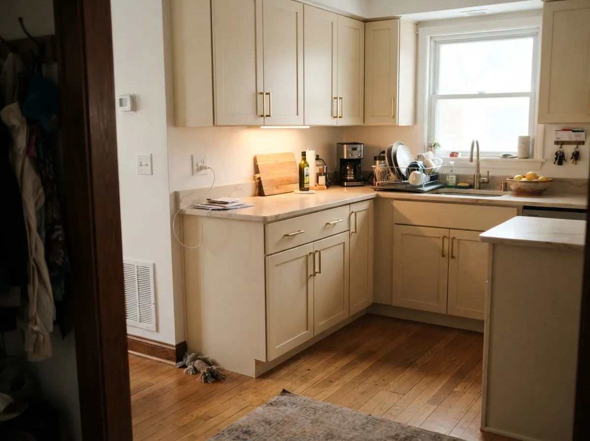 Natural Cream on kitchen cabinets with oak floors, warm quartz, and brass hardware.