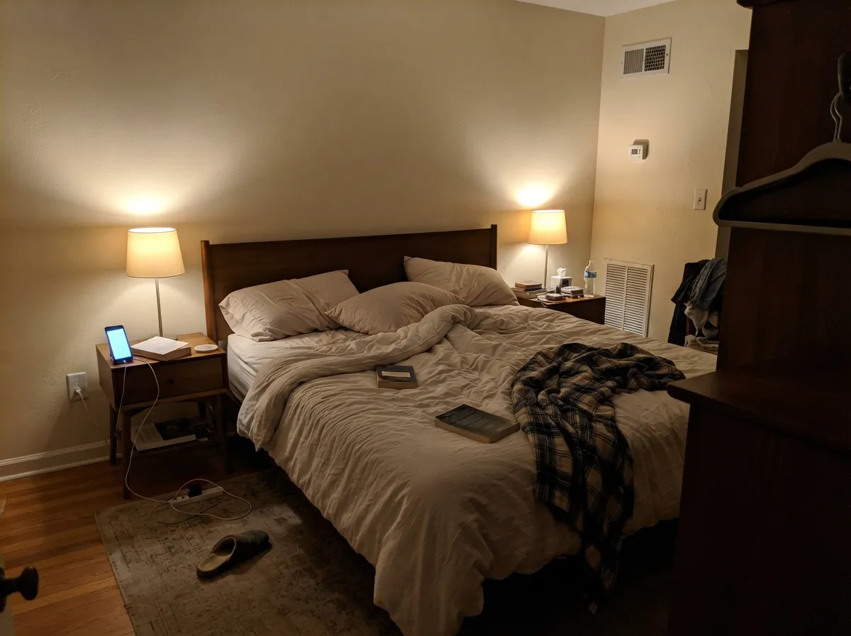 Natural Cream walls in a bedroom warmed by lamplight at night.