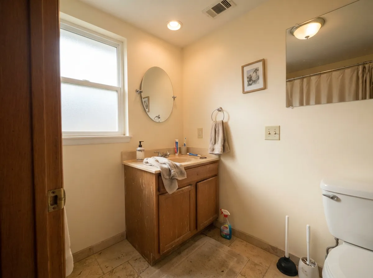 Natural Cream in a bathroom with a wood vanity and travertine tile.