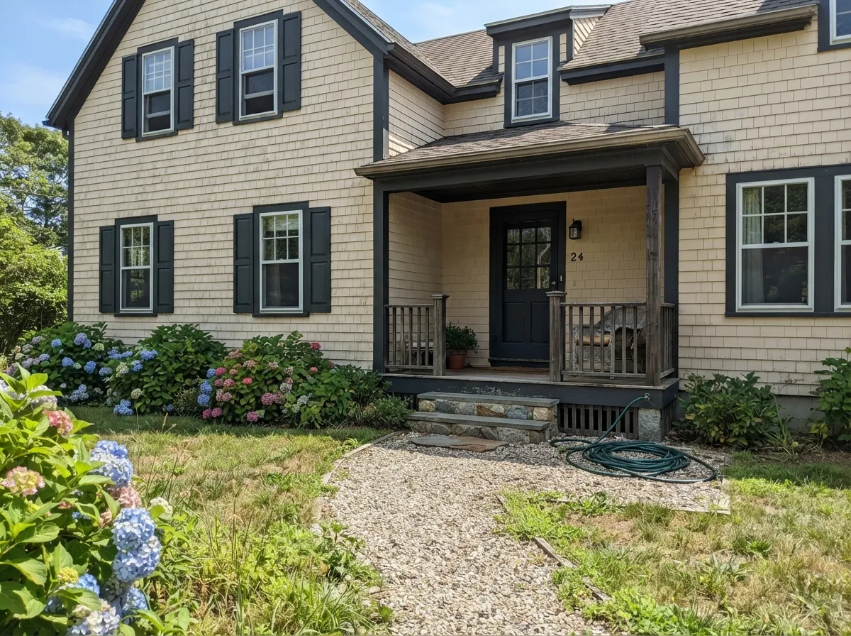 Natural Cream siding on a shingle-style house with dark shutters in full sun.
