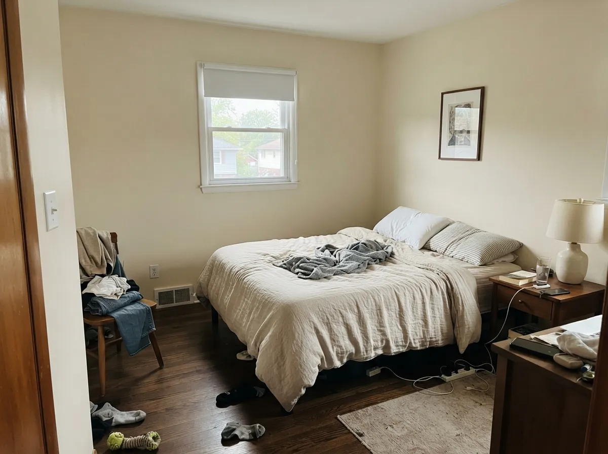 The honest north bedroom: warm and calm with the lamps off, though on a gray day the walls do cool toward a faint green.