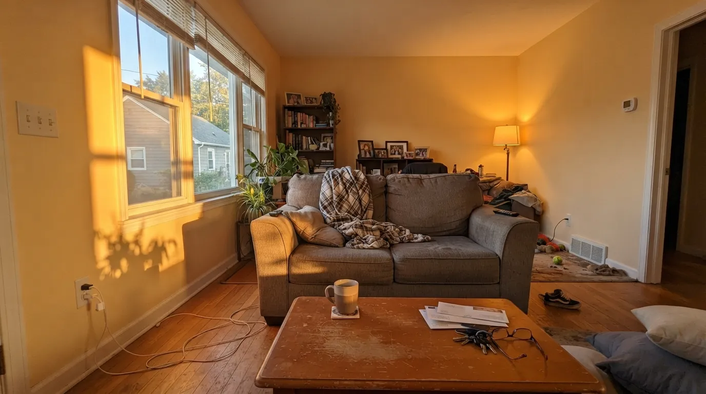 The shot nobody posts: in late west sun the walls go frankly butter, which is the number-one complaint about this color.
