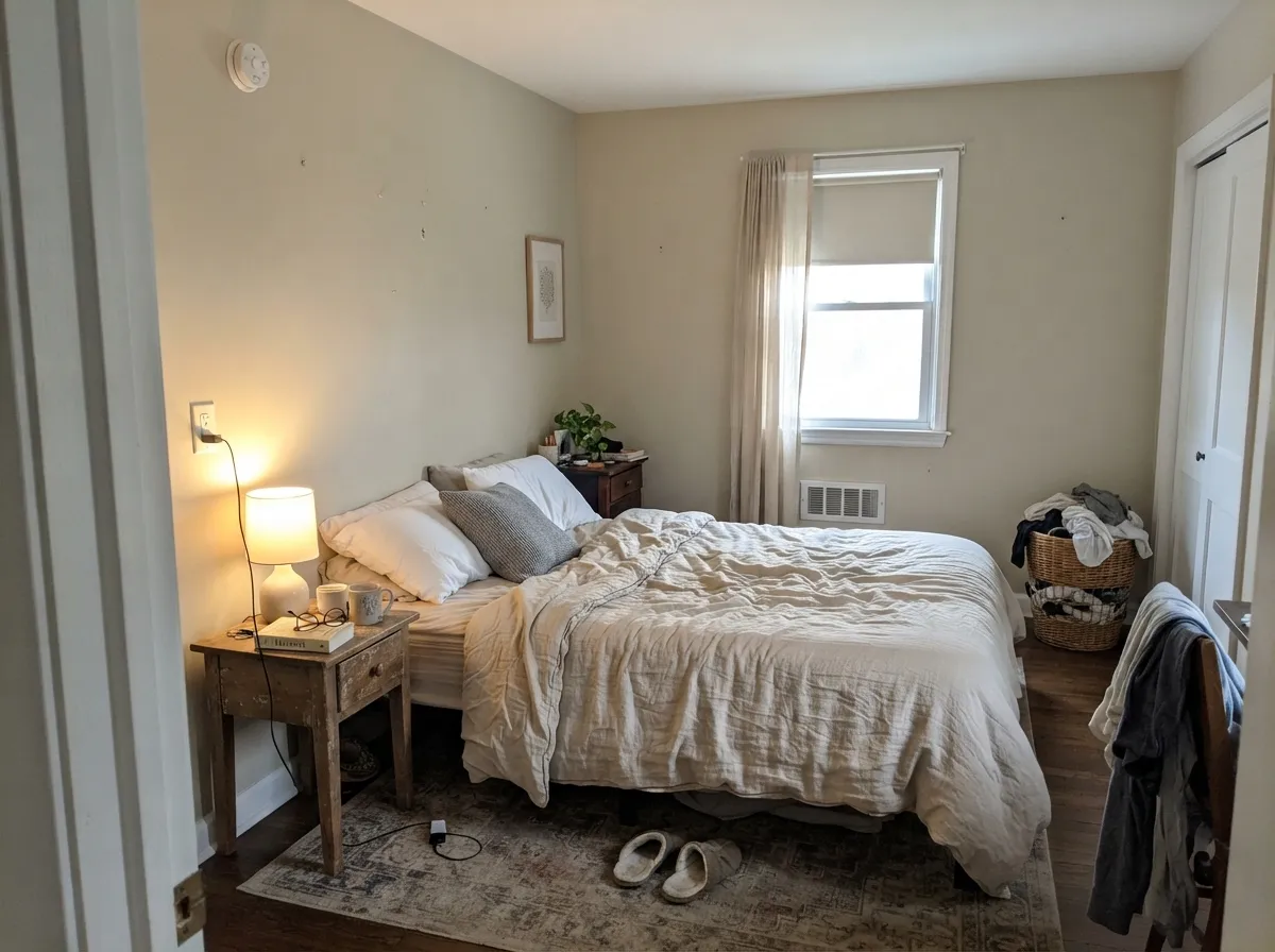 In a morning-lit bedroom the oatmeal stays soft and restful — the room consultants keep putting this color in.