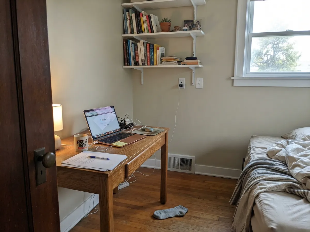 With warm wood and real daylight the green-gray sits quietly — a calm office that does not feel rented.
