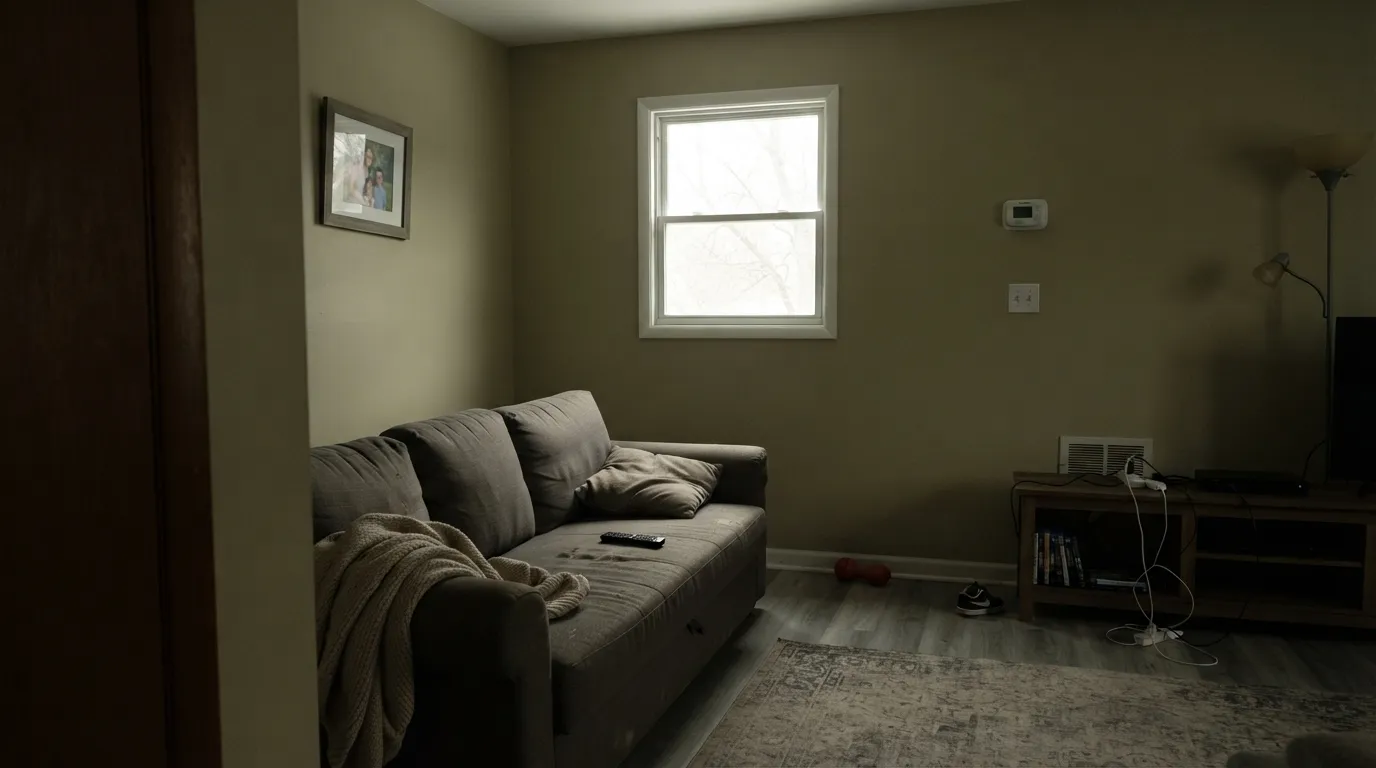 The honest shot: cool north light over gray floors pulls the green-gray forward and Natural Linen goes muddy olive — the exact fail gray-floor new builds report.