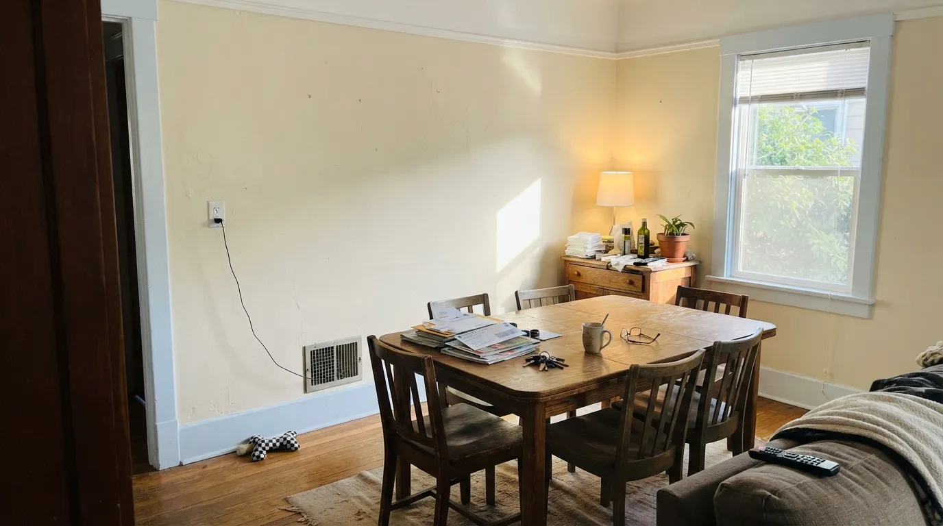 The honest shot: hard afternoon sun plus a cool white trim and ceiling, and the cream stops being cream — this is the exact room the bad reviews describe.