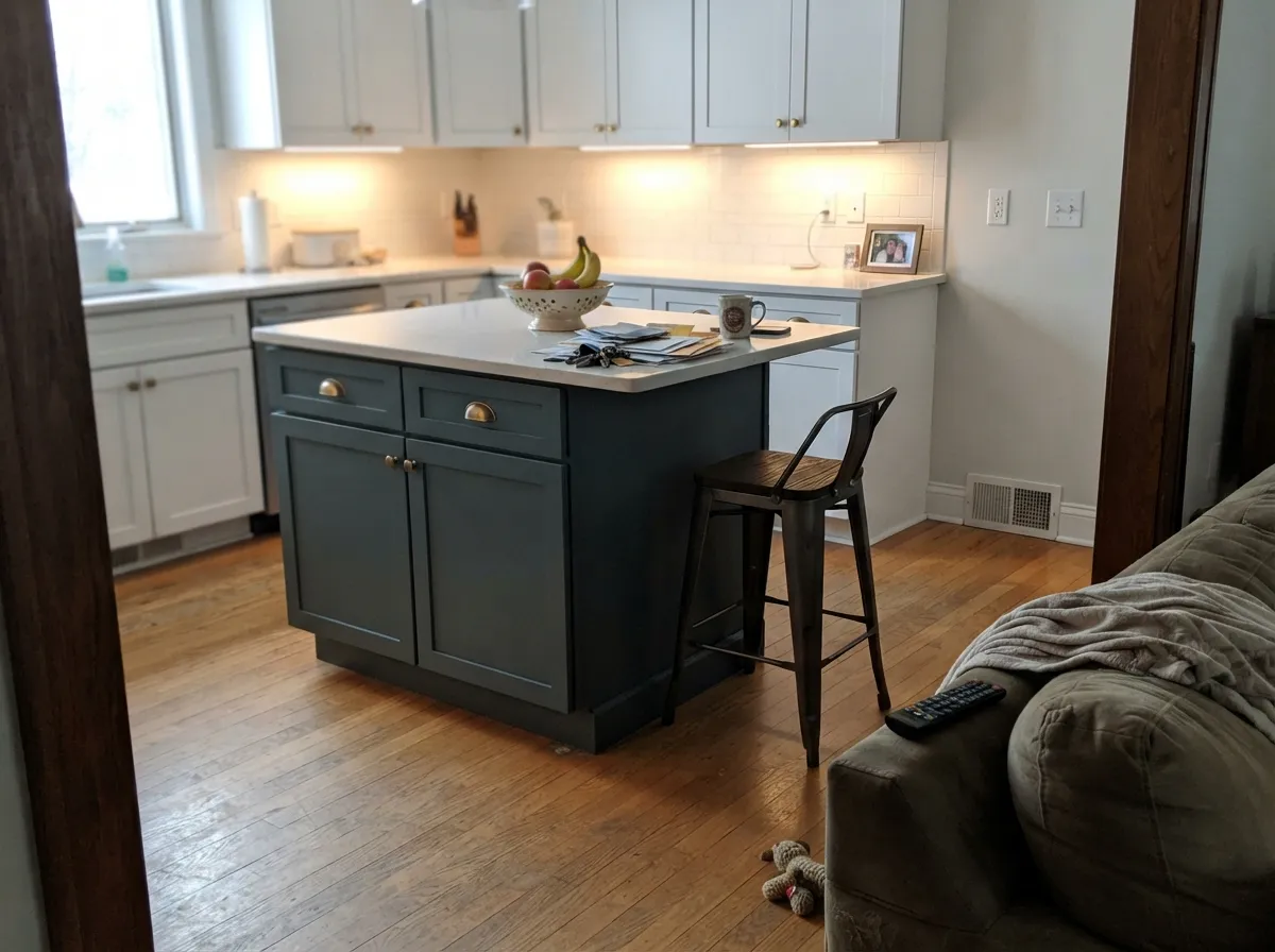 The classic contrast move: white perimeter cabinets, one teal island doing all the color work in the room.