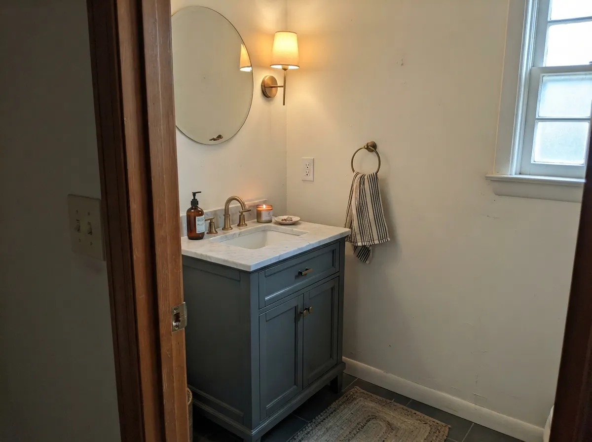 One vanity, real light, and it reads distinctly teal — the small-commitment version of this color at its best.