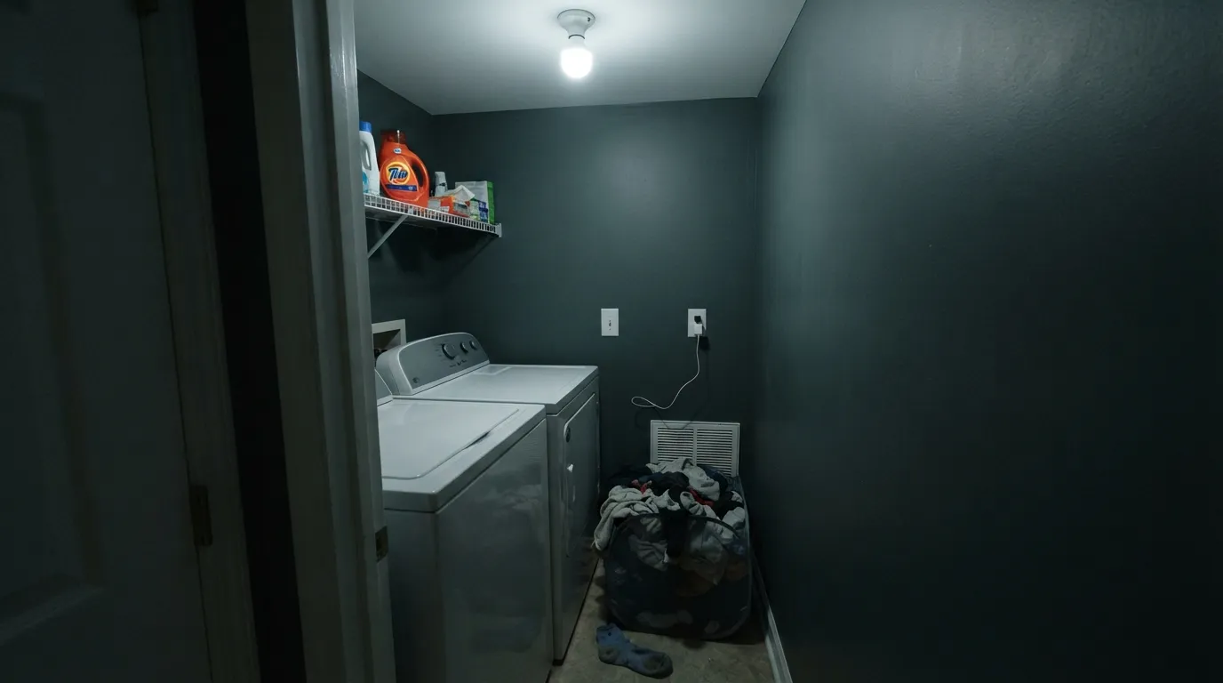 The honest shot: no window, no warm light, and the teal disappears into near-black — the exact room this color should skip.