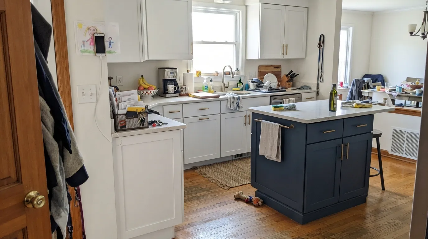Newburyport Blue on the island under real morning light — it reads as a clean, confident navy against the white perimeter, not a shadow.