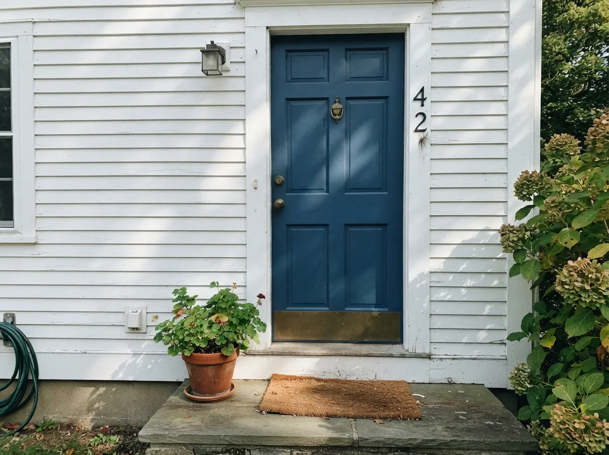 The classic colonial front door — full sun keeps it reading unmistakably blue, not black.