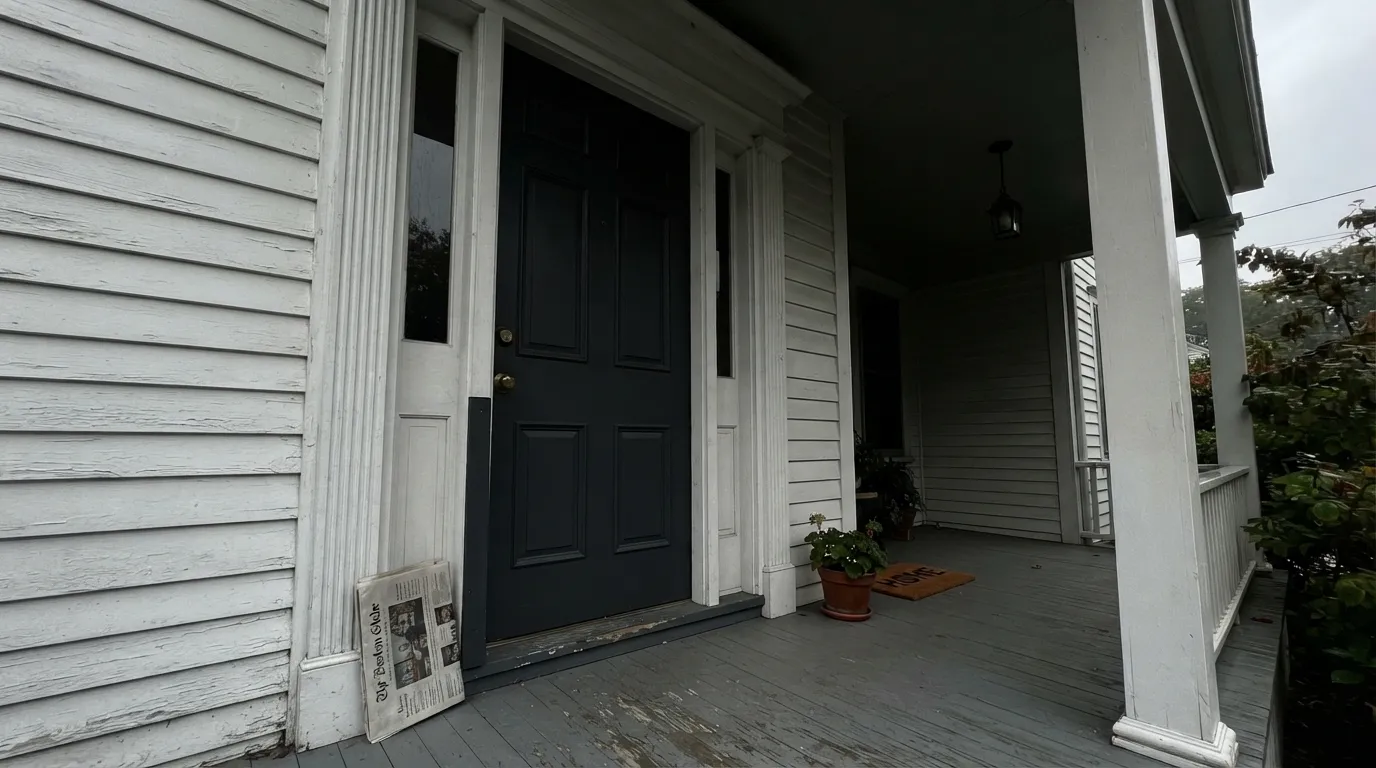 The honest shot: no direct light on a covered porch, and the blue disappears entirely — the exact situation behind every "it looks black, not navy" complaint.