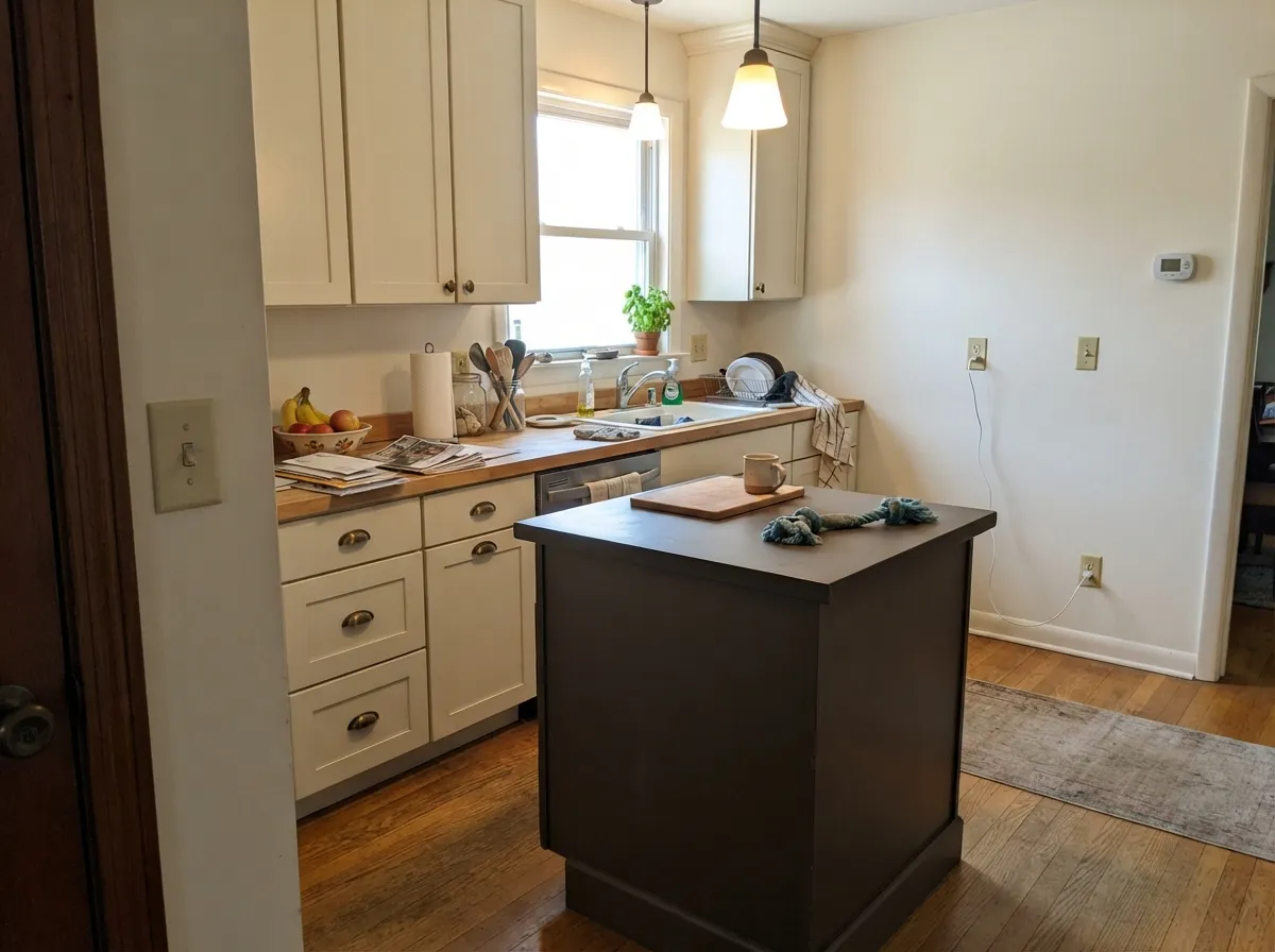 The island carries the color while lighter cabinets and walls keep the room bright — the safer way to use a near-black brown indoors.