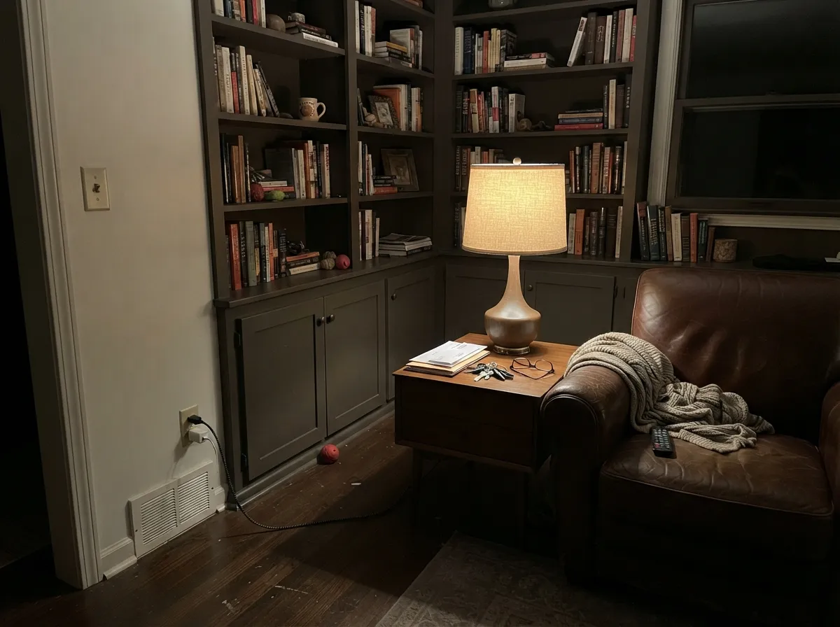 Under a warm lamp at night the brown deepens and turns cozy rather than heavy — its natural habitat after dark.