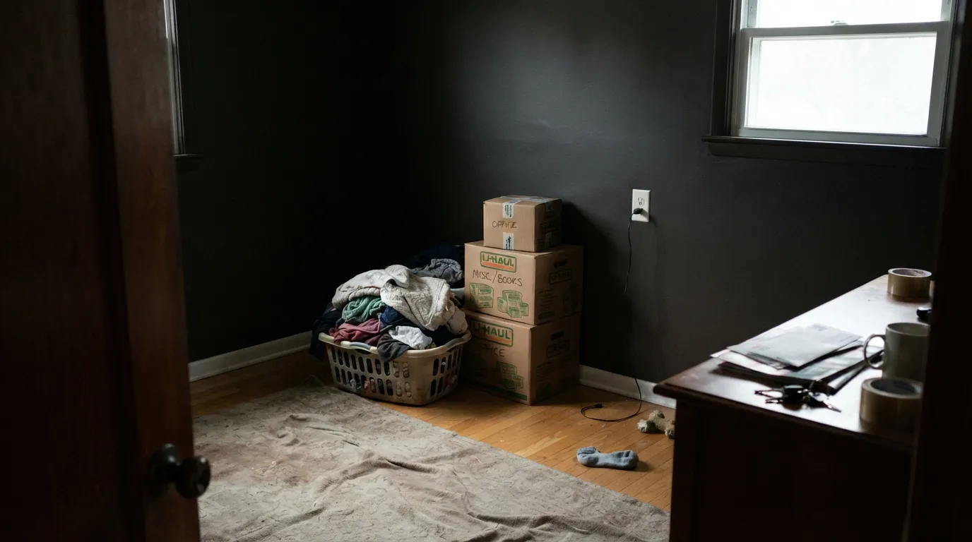 The honest shot: no daylight, no lamps, and North Creek Brown just reads black — the exact situation behind every "it looked so much darker than the chip" regret.