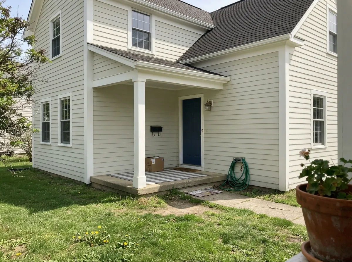 As siding under full sun, with Simply White trim and a Hale Navy door — the classic traditional pairing the color was built to wear.