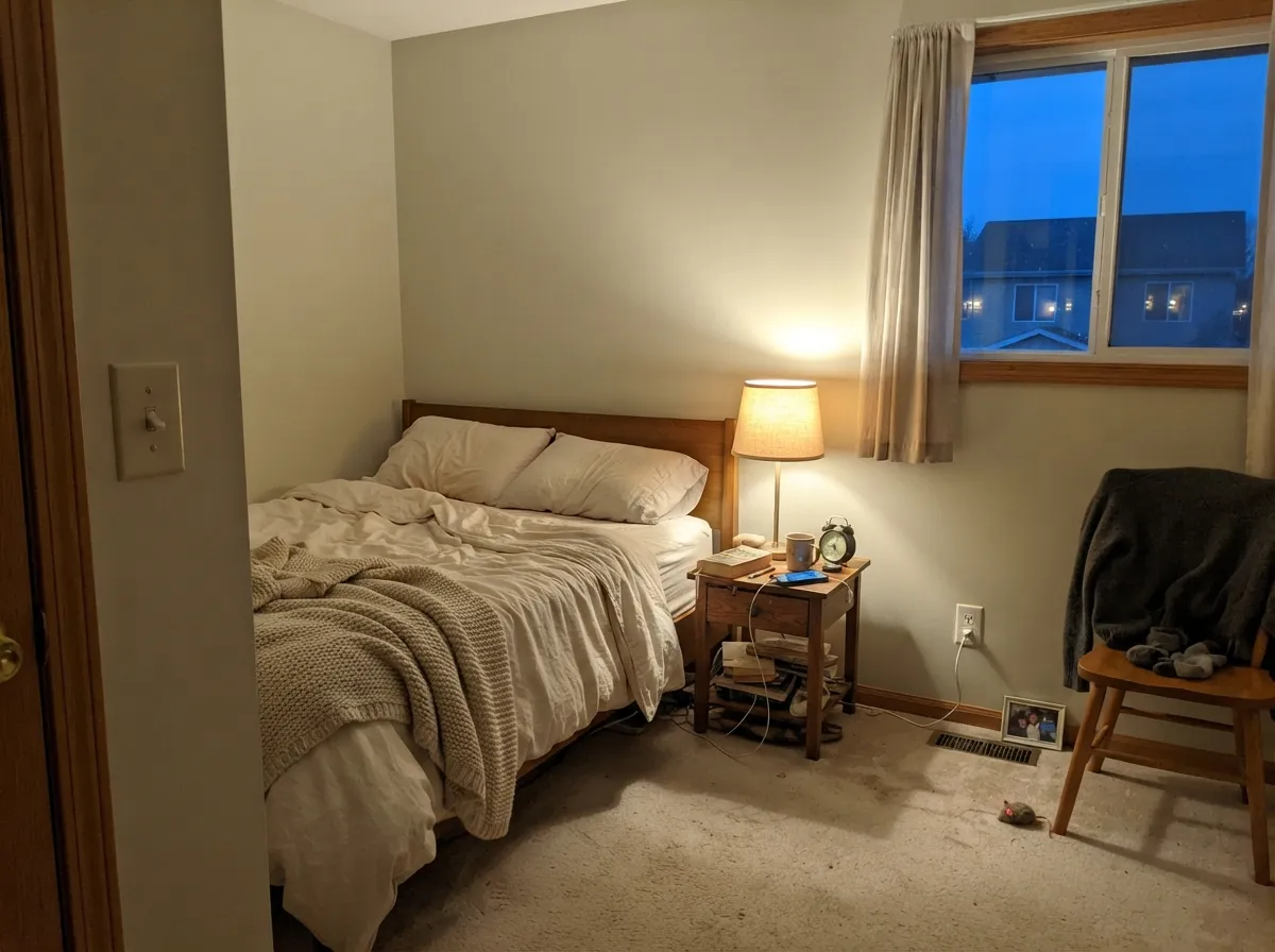 Under a warm 2700K lamp at night the cream comes forward and the room feels cozy — swap the bulb before you swap the paint.