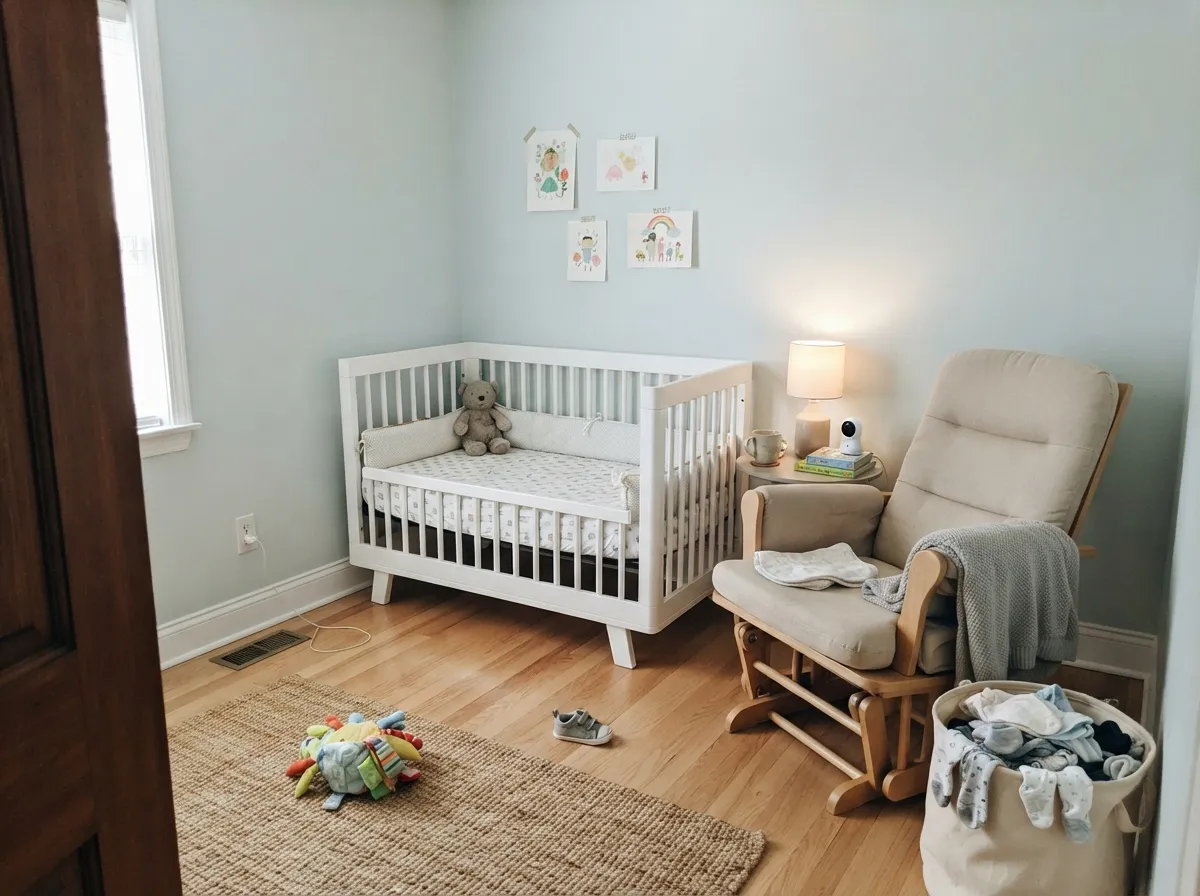 Calm without going pastel-babyish — Ocean Air works as a genuinely gender-neutral nursery color under real daylight.