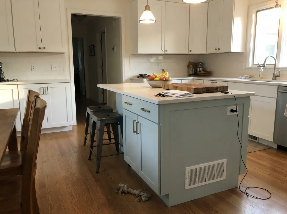 On an island against white walls, with brass hardware, Ocean Air reads as a soft, deliberate alternative to plain white cabinets.