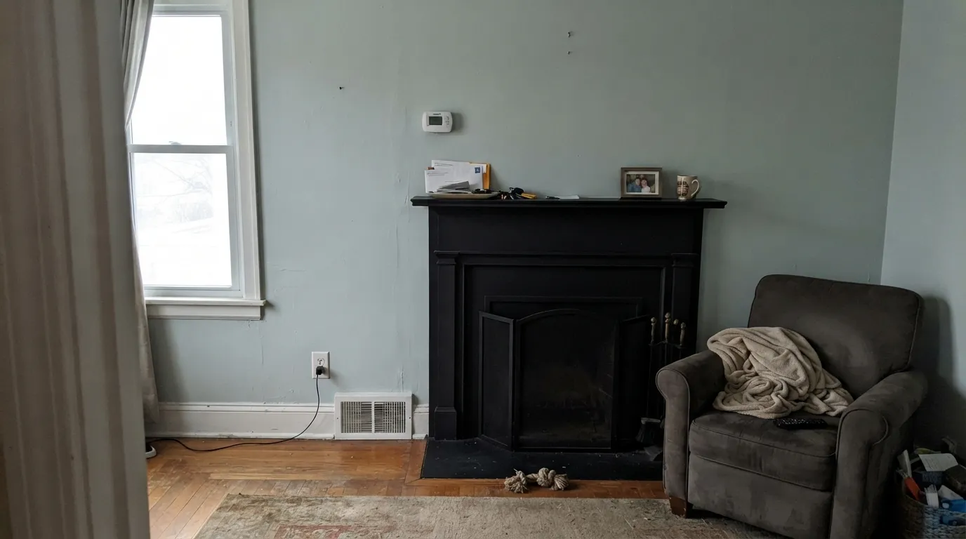 The honest shot: dim north light drains the color to plain gray, and the black hardware breaks up the wall instead of blending with it — the combination that undoes Ocean Air's small-room trick.