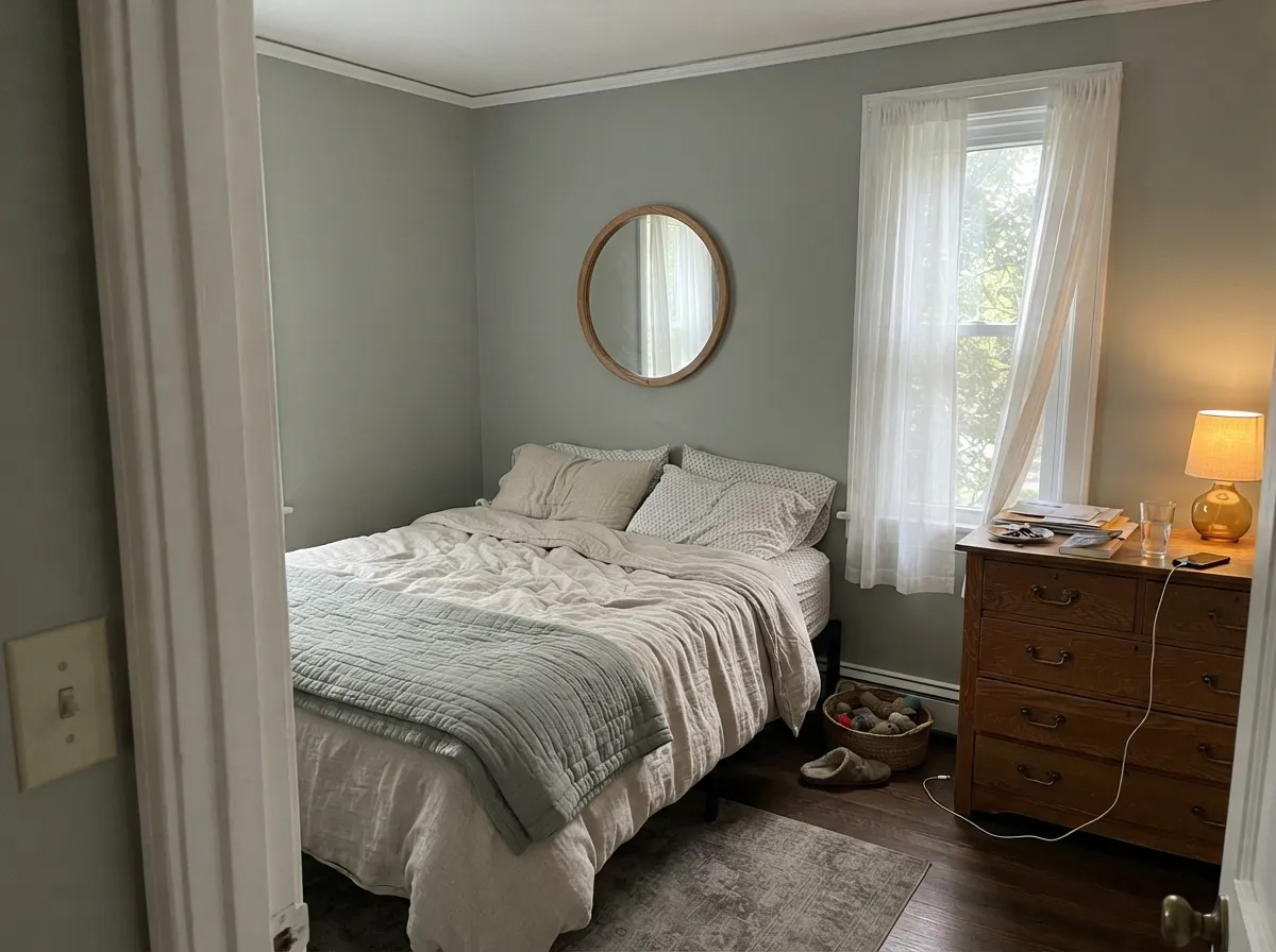 October Mist bedroom walls with oak furniture and brass hardware.